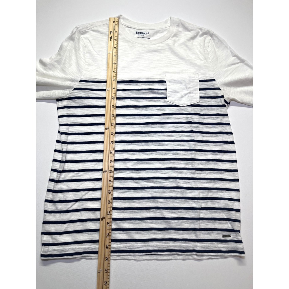 Express Mens Medium Long Sleeve Striped Pocket Crew Neck Tee White Navy Blue 320 - Picture 7 of 9